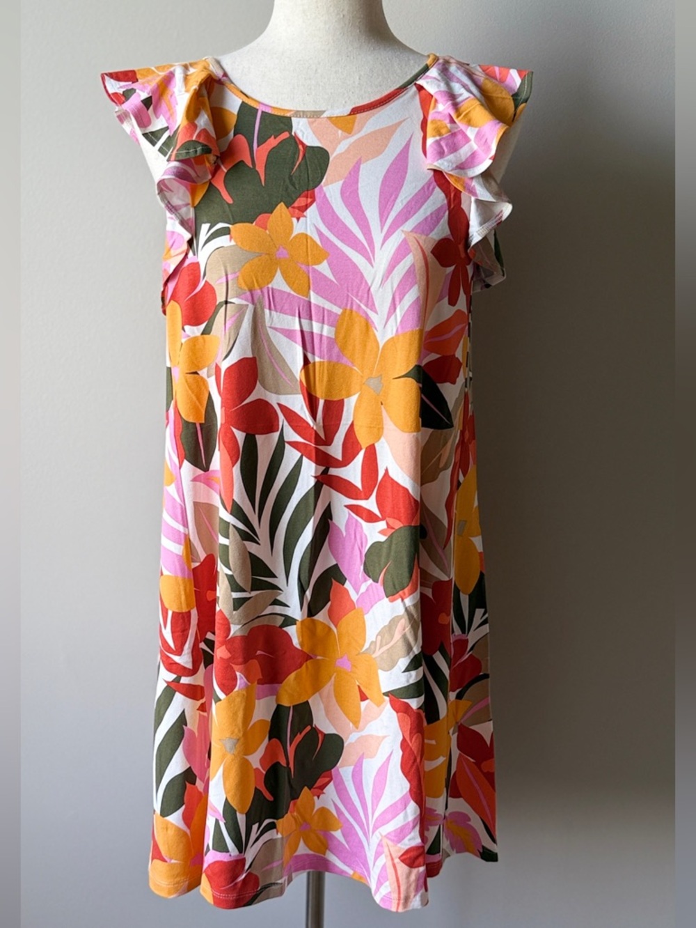LOFT Multicolor Tropical Print Swing Dress - Pink, Peach, Yellow, Red, Green